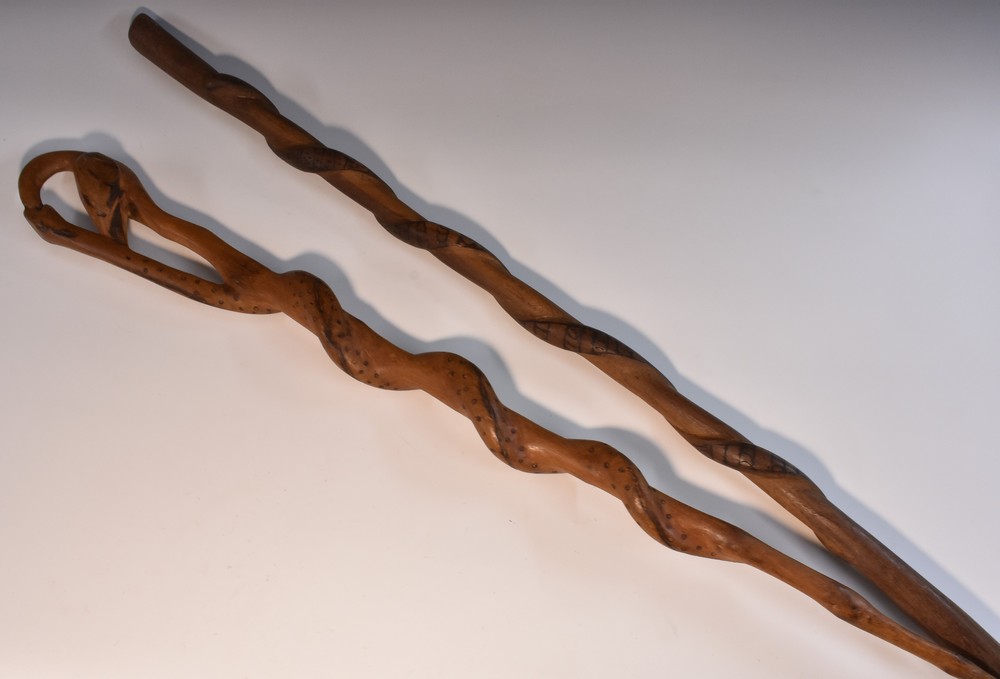 Tribal Art - an African staff or walking cane, carved as a stylised snake,