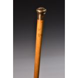 A Victorian 9ct gold mounted gentleman's walking cane, domed pommel, malacca shaft, 91cm long,