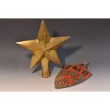 A brass military pole head, as a star, possibly Soviet, 28cm high; a painted tin armorial shield,