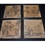 A set of four 19th century Orientalist square tapestries, each with Arabs at their daily business,