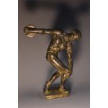 After the Antique, a dark patinated bronze, The Discobolus of Myron, rectangular base, 18.