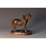 French School (19th century), a dark patinated bronze, of a horse in harness, oval base,