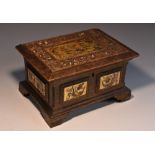 A Gothic Revival gilt and polychrome decorated oak work box, hinged cover with blind tracery border,
