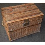 Automobilia - an early 20th century rectangular wooden-bound wicker motoring picnic basket,