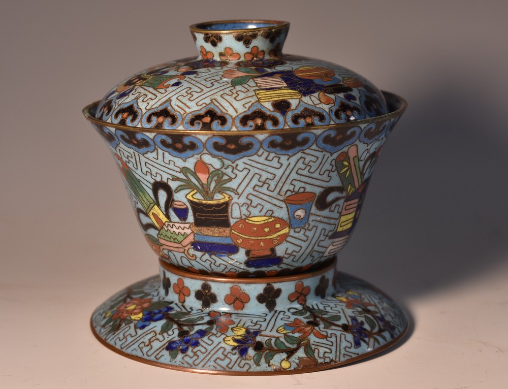 A Chinese cloisonné enamel bowl, cover and stand,