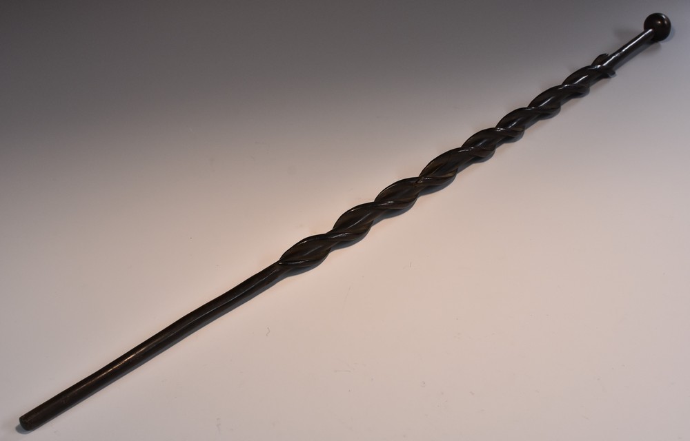 Tribal Art - a Zulu status staff, domed knobkerrie head, spirally turned shaft, 94cm long,