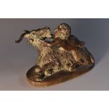 Grand Tour School, a verdigris patinated bronze, of an infant and goat, oval base,