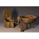 An Indian Gajalakshmi temple oil lamp, of throne form,