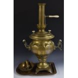 A 19th century Russian brass twin-handled ogee samovar and stand, fluted and lobed reservoir,