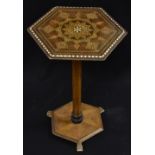 A Middle Eastern marquetry hexagonal pedestal occasional table,