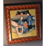 A Chinese reverse glass painting, of figures in a formal garden, 24cm x 22cm,