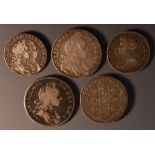 Coins - a Charles II crown, 1668; another, William III, 1696; another,