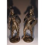 After Jean Garnier (1853-1910), a pair of spelter library studies, of Nordic Warriors,