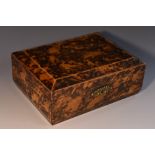 A George III faux tortoiseshell work box, hinged cover, chamfered borders, scumbled overall,