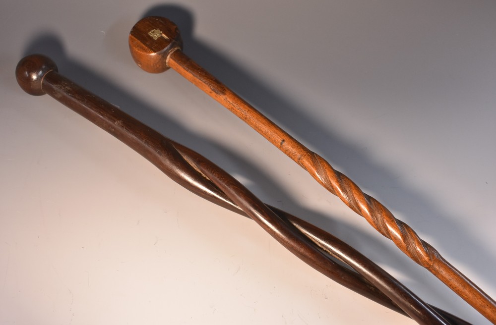 Tribal Art - a Zulu hardwood status staff or stick, globular head, open-twist shaft, 98.5cm long, c.