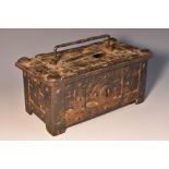 A late Medieval Nuremberg type wrought iron table top casket, rivetted borders, 21.5cm wide, c.