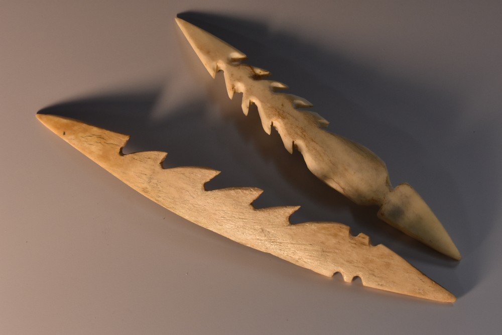 Tribal Art - an Inuit bone fishing harpoon, double-arrow head, barbed throughout, 13cm long,