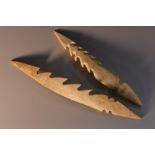 Tribal Art - an Inuit bone fishing harpoon, double-arrow head, barbed throughout, 13cm long,