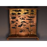 A 19th century Chinese copper and brass brush holder, in the form of a pagoda entrance,