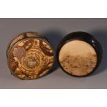 An unusual 19th century horn and hardstone bun shaped snuff box, push-fitting cover, 6.