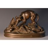 French School (19th century), a dark patinated animalier bronze, of a hound approaching a duck,