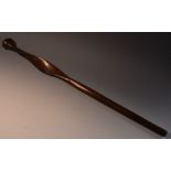 Tribal Art - an African hardwood club or staff, domed oval pommel, twisted flat section stem,
