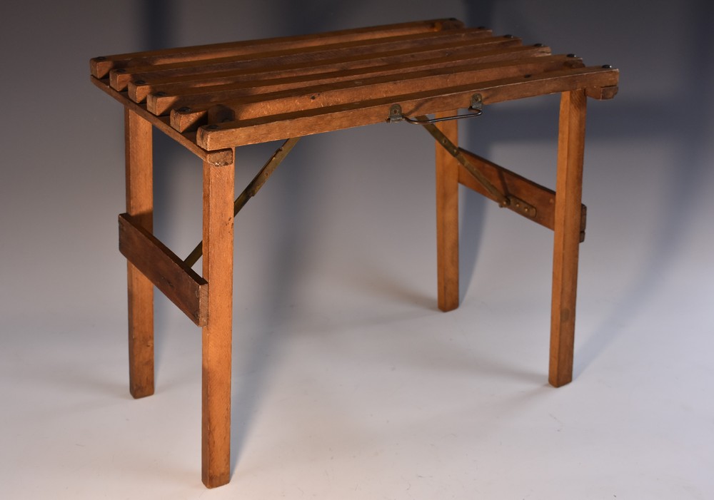 A 19th century French beech Campaign-type travelling folding stool, brass struts,