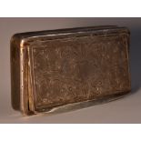 A 19th century French silver snuff box, hinged cover engraved with leafy strapwork,