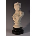 A faux marble composition bust, of a young beauty, waisted socle, ebonised base,
