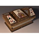 A 19th century French reverse painted glass, card and gilt metal shallow sarcophagus vanity box,