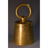 A 19th century gilt brass novelty inkwell, as a 4lb weight, hinged cover, loose ring handle,