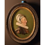 A 19th century wax portrait, of a lady in late 16th century dress, bust length, in profile,