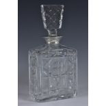 An Art Deco style silver mounted cut glass rectangular spirit decanter, 25cm high,