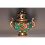 A Chinese silvered metal mounted and porcelain incense burner,