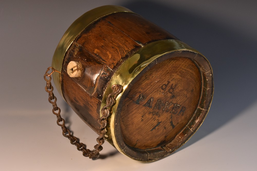 A 19th century brass bound oak St Bernard type keg, copper riveted bands,