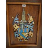 A painted and carved wooden Northampton City Council Coat of Arms plaque,