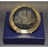 A silver dish depicting Lincoln Cathedral, Birmingham 1975, boxed,