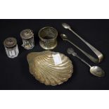 Silver - sugar bows, London 1894; Golfing interest spoon, napkin ring,