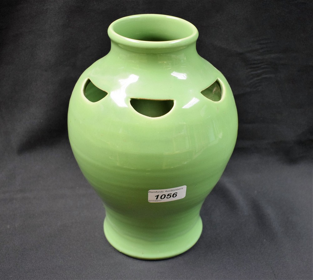 A Charles Brannam Barum Barnstaple pottery baluster vase, pale 'celadon' glaze, pierced shoulder,