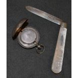 Silver - a sovereign case, Birmingham 1911; a folding mother of pearl handled fruit knife,