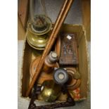 Boxes and Objects - a brass duplex twin burner oil lamp; a carved oak casket;