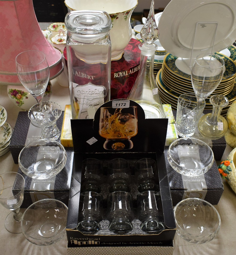 Glassware - a Dartington crystal decanter; four bowls; Ravenhead Apollo spirit glasses or tumblers;