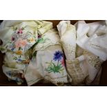 Textiles - hand embroidered and lace edged tablecloths including Crinoline lady,