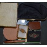 Ladies compacts Vogue and others; Esterbrook pen; purse,