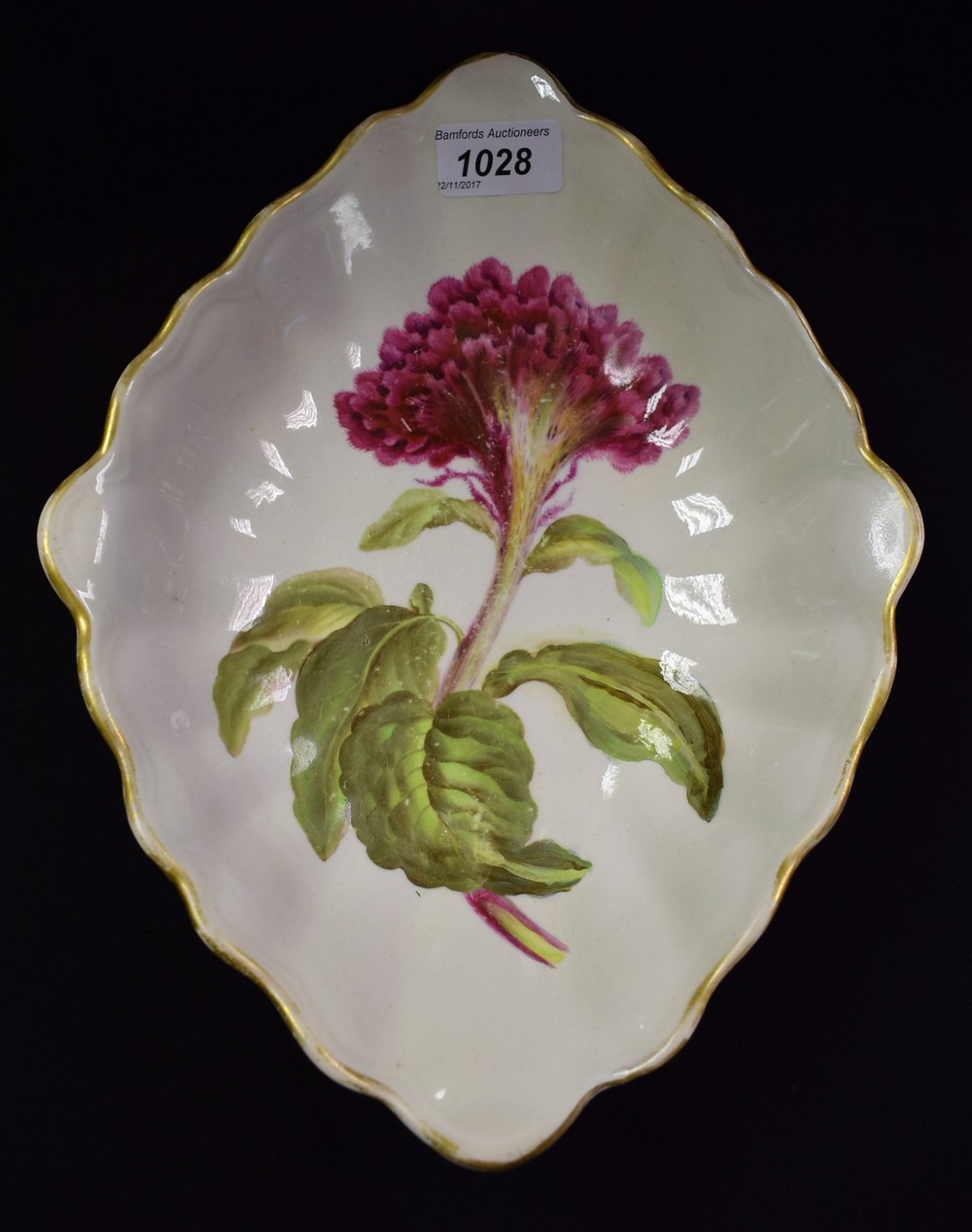 A Derby Botanical navette shaped comport, painted by Quaker Pegg, with Coxscomb Amaranthus,