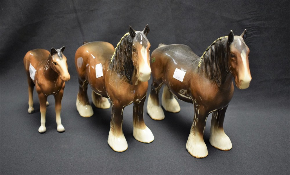 A Beswick model, of a shire horse, standing, four square, 27cm long, printed mark; another,