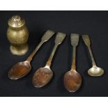 A set of three silver teaspoons, London 1854; a pepper pot, London 1913, etc,