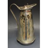 A silver plated insulated conical hot water jug, by W A S Benson, hinged cover with rivets,