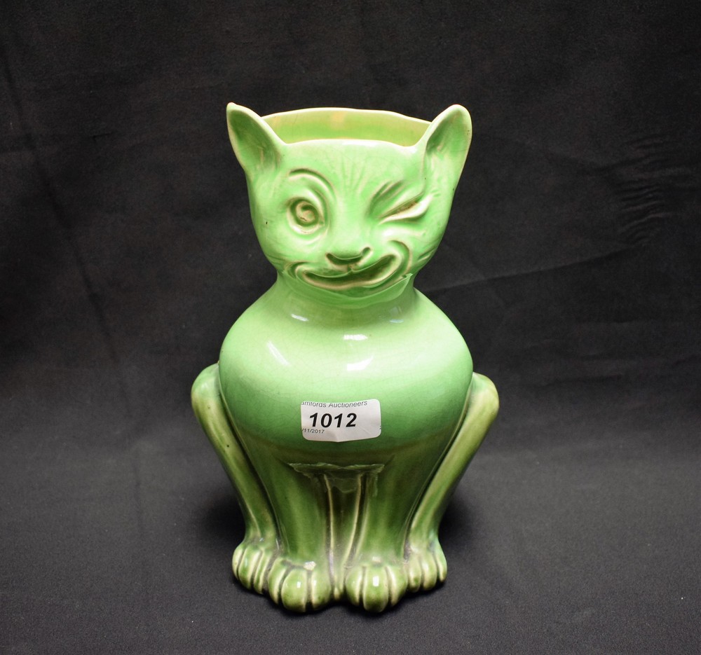 An Art Pottery novelty vase, possibly Bretby or a related factory, modelled as a grotesque cat,