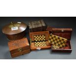 Boxes and objects - a travelling chess set, bone pieces,